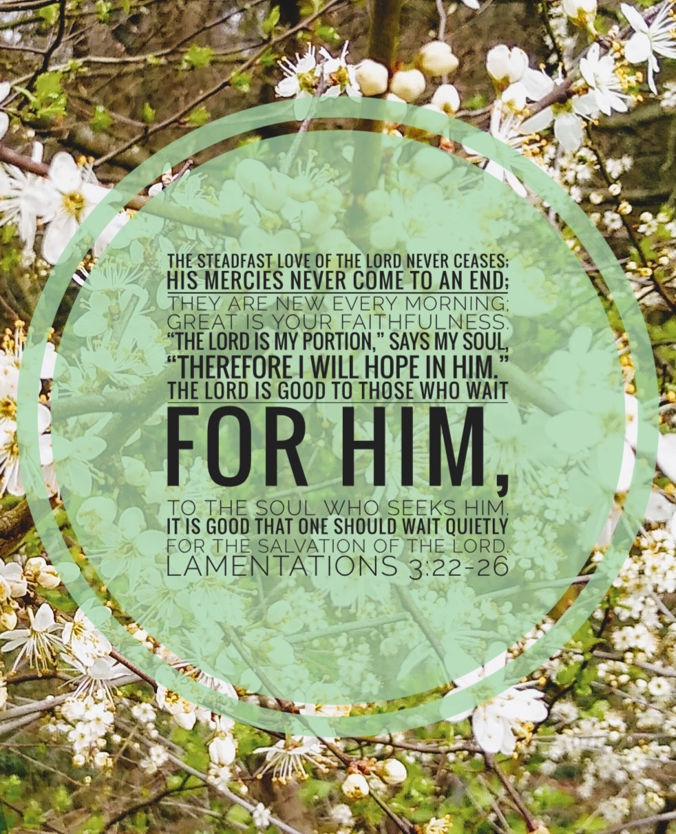 [Text in green circle over photo of hawthorn blossom] The steadfast love of the Lord never ceases; his mercies never come to an end; they are new every morning; great is your faithfulness. “The Lord is my portion,” says my soul, “therefore I will hope in him.” The Lord is good to those who wait for him, to the soul who seeks him. It is good that one should wait quietly for the salvation of the Lord.